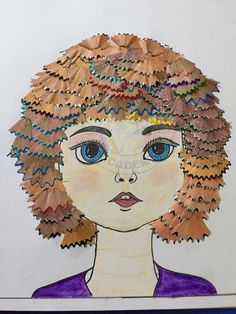 a drawing of a woman's head made out of paper and colored pencils