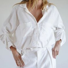 Nwt Lna Top Button Detail To Wear Arm Scrunched Or Can Be Unbuttoned For Full Length Sleeve Nice Thick Linen Material Spring Linen Tops With Covered Buttons, Linen Material, Button Detail, Button Downs, Length Sleeve, Full Length, Button Down Shirt, Color White, Womens Tops