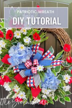 a patriotic wreath with red, white and blue flowers