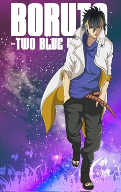 an anime character is standing in front of a purple and blue background with the words borut