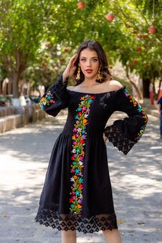 This Beautiful Dress boasts a Traditional Mexican floral design combined with a modern style dress. The embroidered bodice combined with the bell sleeves and lace make it fun and flirty. It's made out of fine Mexican cotton and has elastic around the top for an adjustable fit. This dress is handmade and embroidered by Mexican Artisans in Guanajuato, Mexico. Purchase the Men's Matching Guayabera here: https://www.etsy.com/es/listing/1184172577/guayabera-mexicana-bordado-floral-camisa?ref=listings Spanish Style Dress Classy, Mens Mexican Outfit, Mexican Dresses Traditional Embroidery, Mexican Jacket Outfit, Modern Mexican Dress, Long Sleeve Folk Dress With Embroidered Border, Folk Style Long Sleeve Dress With Embroidered Border, Traditional Summer Dress With Embroidered Sleeves, Traditional Embroidered Dress With Multicolor Sleeves