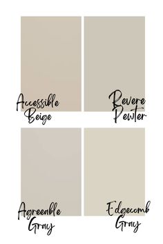 four different shades of white paint with the words, behre and grey on them