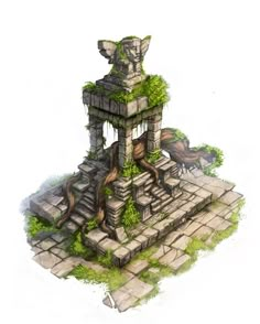 an artistic drawing of a stone structure with trees growing out of it