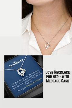 a woman wearing a necklace with the message love necklace for her - with message card