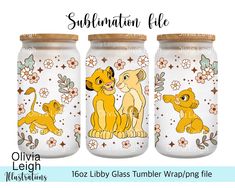 three glass jars with the image of two lions and one lion cub, both painted in yellow