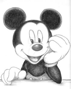 a pencil drawing of mickey mouse leaning on a table with his hands behind his head