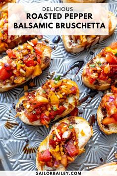 roasted pepper balsamic bruschetta on a platter with text overlay