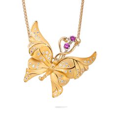 Butterflies as an allegory of movement and perfect expression. Freedom and liberation of the soul. Necklace in 18K yellow and white gold, 2 pink sapphires at 0.20 carats and 52 diamonds at 0.46 carats 20-50-24310 ul { list-style-type: square; } Angel Earrings, Fairy Jewelry, Fun Jewelry, Butterfly Jewelry, Fine Jewels, Fine Jewelry Collection, Butterfly Necklace, Butterfly Pendant, Jewelry Creation