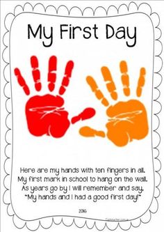 a card with two hand prints and the words, my first day