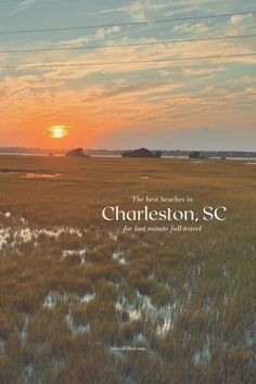 the cover of charleston, sc is shown in front of an image of a sunset