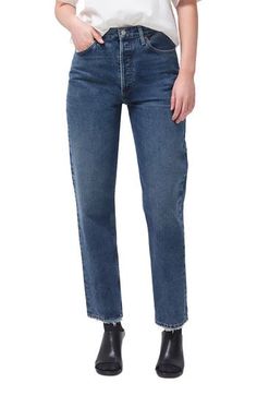 These straight-leg jeans with a high waist are cut from nonstretch organic-cotton denim and finished with subtle fading for a versatile style with retro appeal. 29 1/2" inseam; 15 1/2" leg opening; 12 3/4" front rise 15" back rise (size 29) Button fly Five-pocket style 100% organic cotton Machine wash, tumble dry Made in Turkey Baggy Jeans, Versatile Style, Bottoms Pants, Straight Jeans, Wardrobe Essentials, Straight Leg Jeans, Leg Jeans, Womens Bottoms, Levi Jeans