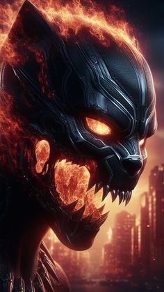 a close up of a demon face in front of a city with fire and flames