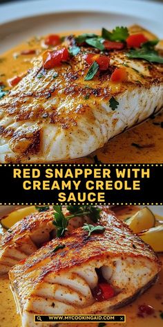 red snapper with creamy criole sauce on a white plate, and another photo of the same fish