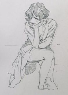 a pencil drawing of a woman sitting on a chair with her hand to her face