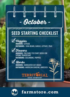 a seed starting checklist is shown in front of a plant with the words, october seed starting checklist