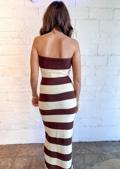 Elevate your casual wardrobe with our Striped Knit Maxi Dress in Brown. This effortlessly chic dress features a stylish striped pattern that adds a touch of sophistication to your look. Crafted from a soft, stretchy knit fabric, it provides all-day comfort while hugging your silhouette in all the right places. The maxi length creates an elongated, flattering shape, making it perfect for any occasion, from brunch with friends to beach outings. Pair it with sandals or wedges for a laid-back vibe o Knit Maxi Dress, Date Dresses, Paris Dresses, Pleated Mini Dress, Sparkle Dress, Halter Mini Dress, Maxi Knit Dress, Girl Day, Romper Dress