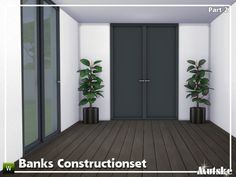 an empty room with two doors and three potted plants