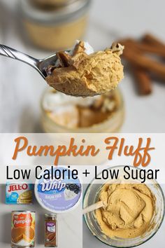 pumpkin fluff low calorie and low sugar on a spoon with ingredients in the background