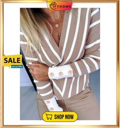 Striped Print Knitted Sweater Women Long Sleeve Casual Sweaters Pullover Winter Button Design Knitting Sweaters Pull Femme Striped Long Sleeve Sweater With Buttons, Beige Long Sleeve Sweater With Button Closure, Striped Long Sleeve Sweater With Button Closure, Knitting Women Sweater, Casual Sweaters, Button Design, Long Sleeve Casual, Stripe Print, Women Long Sleeve