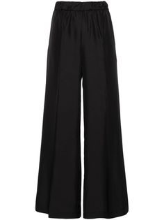 Formal Wide-leg Pants With Elastic Waistband, Elegant Wide-leg Culottes With Elastic Waistband, High-waisted Viscose Wide Leg Pants For Work, Elegant Wide Leg Culottes With Elastic Waistband, Chic Straight Leg Culottes With Elastic Waistband, Formal High-waisted Wide Leg Pants With Elastic Waistband, Straight Leg Bottoms With Elastic Waistband For Evening, Silk Wide Leg Pants For Spring Night Out, Sleek Formal Pants With Elastic Waistband