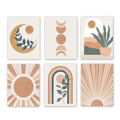 four different types of art work with sun, moon and plants