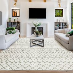 a living room with two couches and a television mounted on the wall above it