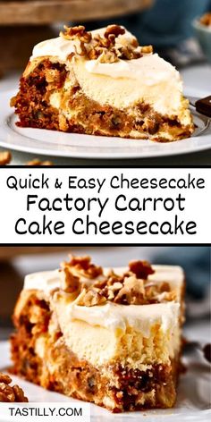 two pictures showing different types of cheesecakes and the words quick & easy cheesecake factory carrot cake cheesecake