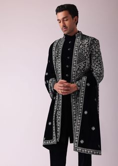 Black Sherwani In Velvet With Thread Embroidery Black Sherwani, Thread Work, Floral Motifs, Velvet