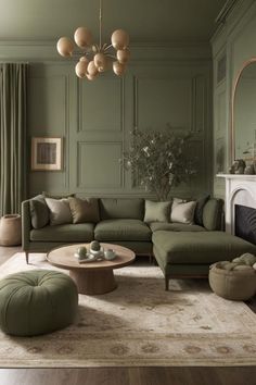 a living room with green walls and furniture