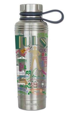 a stainless steel water bottle with the word u o on it and images of people