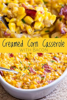 corn casserole with bacon in a white bowl and on a blue background text reads, creamed corn casserole