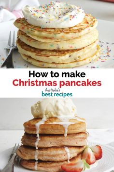 pancakes are stacked on top of each other with icing and sprinkles