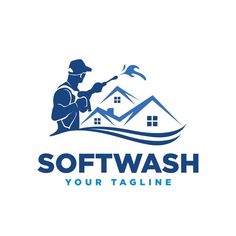 the logo for software company softwash your tagline is blue and has a man holding a fishing rod