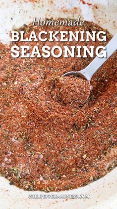 homemade blackening seasoning in a white bowl with a spoon and title overlay