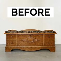 a wooden bench with an upholstered cushion on it and the words before above it