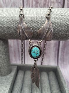 Western Style Turquoise Dangle Jewelry, Adjustable Turquoise Necklace With Patina, Western Turquoise Jewelry With Patina, Vintage Turquoise Jewelry With Oxidized Finish, Feather Necklace, Feather Necklaces, Vintage Navajo, Silver Turquoise, Turquoise Sterling Silver