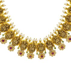 Virani Jewelers presents to you this stunning 22k yellow gold Temple necklace that is as timeless as it is elegant. This exquisite piece of Indian gold jewelry features rubies, emeralds, pearls, and cubic zirconia, each gemstone adding its distinct brilliance to the gold Temple necklace design. A perfect example of Indian gold jewelry craftsmanship, this gold and gemstone necklace is ideal for special occasions or as a luxurious addition to your everyday wardrobe, reflecting the beauty and tradi Gold Temple Necklace, Temple Necklace, Indian Gold Jewelry, Necklace Design, Gold Jewelry Indian, Everyday Wardrobe, Necklace Designs, Gemstone Necklace, Gold Jewelry