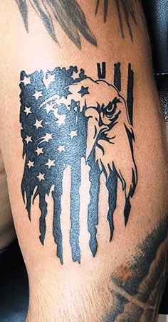 Small American Flag Tattoos For Guys, Men Patriotic Tattoos, Eagle Patriotic Tattoo, Girly American Flag Tattoo, American Flag With Flowers Tattoo, Eagle Holding Flag Tattoo, Mens Flag Tattoo Ideas, American Flag With Eagle Tattoo, Cross With American Flag Tattoo