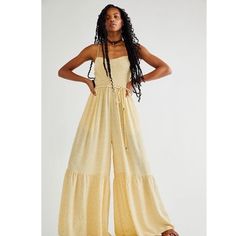 Free People Little Of Your Love Crinkly Top Pale Yellow Flare Jumpsuit, Size Small Fits Like A Medium, Never Worn, Spring Strapless Jumpsuit With Elastic Waistband For Loungewear, Summer Strapless Jumpsuit With Elastic Waistband For Loungewear, Spring Yellow Wide-leg Jumpsuits And Rompers, Yellow Wide Leg Jumpsuits And Rompers For Spring, Yellow Wide-leg Jumpsuits For Spring, Casual Boho Outfits, Free People Jumpsuit, Yellow Jumpsuit, Jumpsuit With Pockets