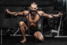 Muscular man slave in chains in gym, the prisoner Stock Photo Male Art Reference, Muscular Man, Gym Art, The Prisoner, Muscular Men, Male Art, Male Body, Adobe Stock, Zombie