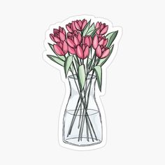 a vase filled with pink tulips on top of a white background sticker