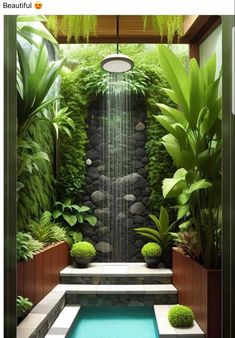 an outdoor shower in the middle of a garden with plants and water flowing from it