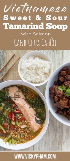 vietnamese sweet and sour tamarid soup with salmon, canh chua cahoi