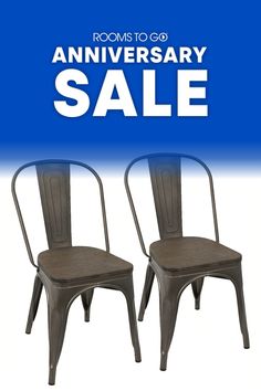 two metal chairs with the words room to go anniversary sale on it's back