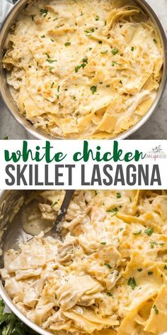 white chicken skillet lasagna in a pan