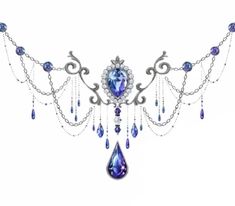 an elaborate necklace with blue beads and crystals on it's sides, hanging from a chain