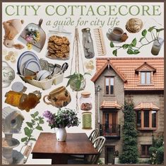 the cover of city cottage is shown with many things on it