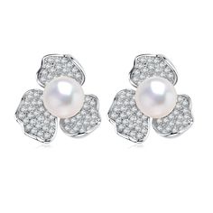 5-5.5mm Cubic Zirconia Floral Pearl Earrings - House Of Pearls Classic White Cubic Zirconia Flower Earrings, Classic Flower-shaped Pearl Earrings For Formal Occasions, Formal Pearl Flower Shaped Earrings, Formal Flower-shaped Pearl Earrings, Golden South Sea Pearls, Mabe Pearl, Purple Pearl, Pearl Types, Akoya Pearls