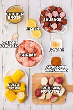 the ingredients to make this recipe include potatoes, corn, lemons, and shrimp