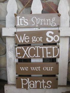 a wooden sign that says it's spring we got so excited, we wet our plants